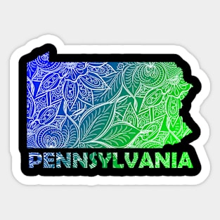 Colorful mandala art map of Pennsylvania with text in blue and green Sticker